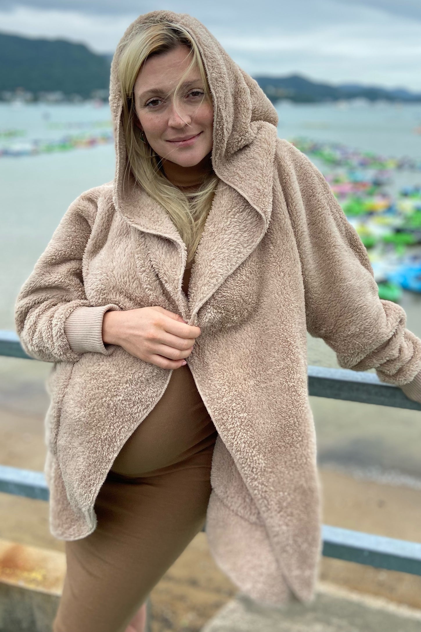 Taupe Fuzzy Hooded Long Sleeve Maternity Jacket