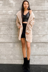 Taupe Fuzzy Hooded Long Sleeve Jacket