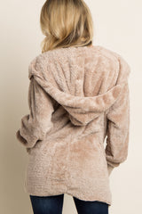 Taupe Fuzzy Hooded Long Sleeve Maternity Jacket