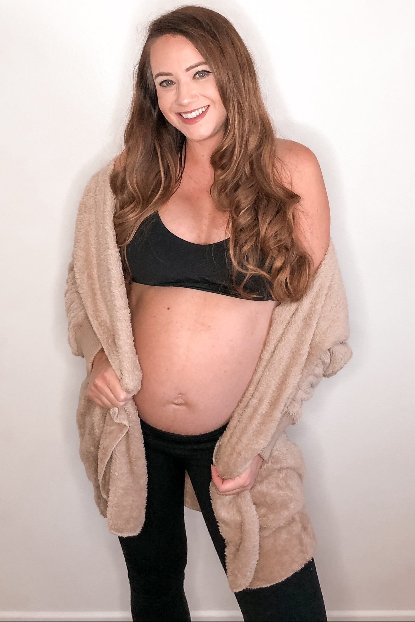 Taupe Fuzzy Hooded Long Sleeve Maternity Jacket