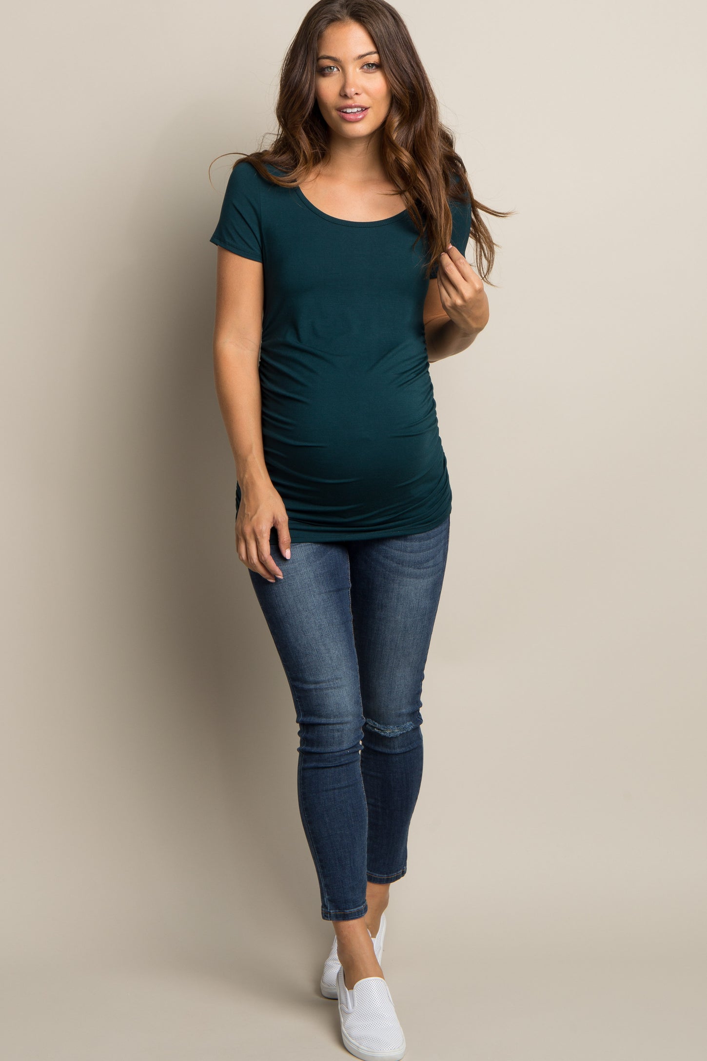 PinkBlush Forest Green Ruched Short Sleeve Maternity Top