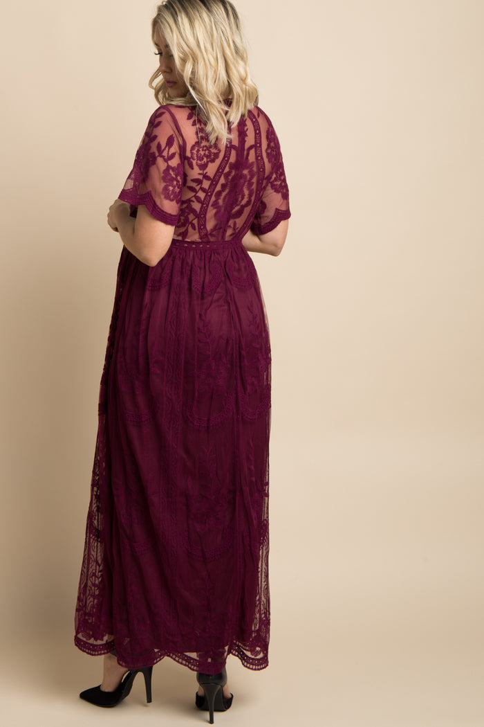 Burgundy Lace Mesh Overlay Maternity Maxi Dress
