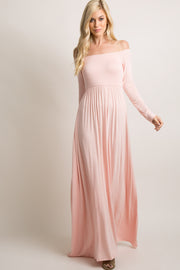 PinkBlush Pink Solid Off Shoulder Maxi Dress
