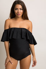 Black Ruffle Trim Ruched One-Piece Maternity Swimsuit