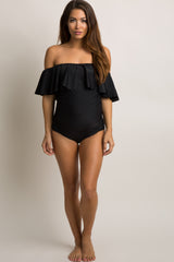 Black Ruffle Trim Ruched One-Piece Maternity Swimsuit