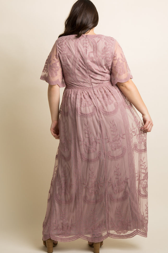PinkBlush Mauve Lace Mesh Overlay Plus Maxi Dress