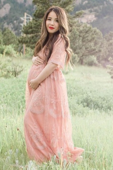 Light Pink Lace Mesh Overlay Maternity Maxi Dress