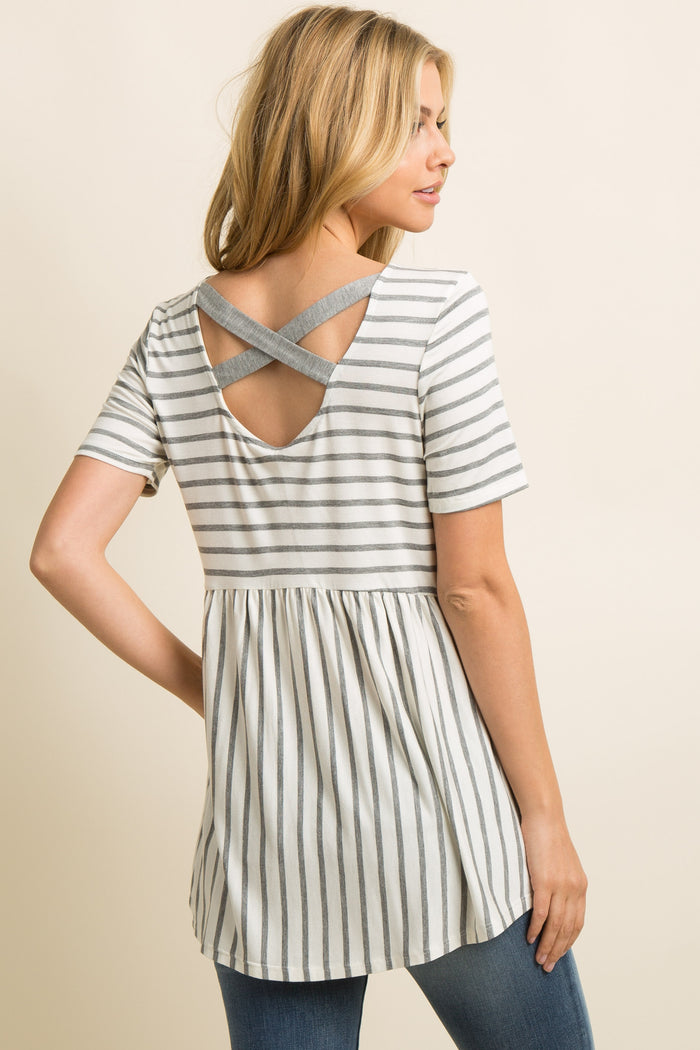 PinkBlush Grey Striped Crisscross Back Peplum Top