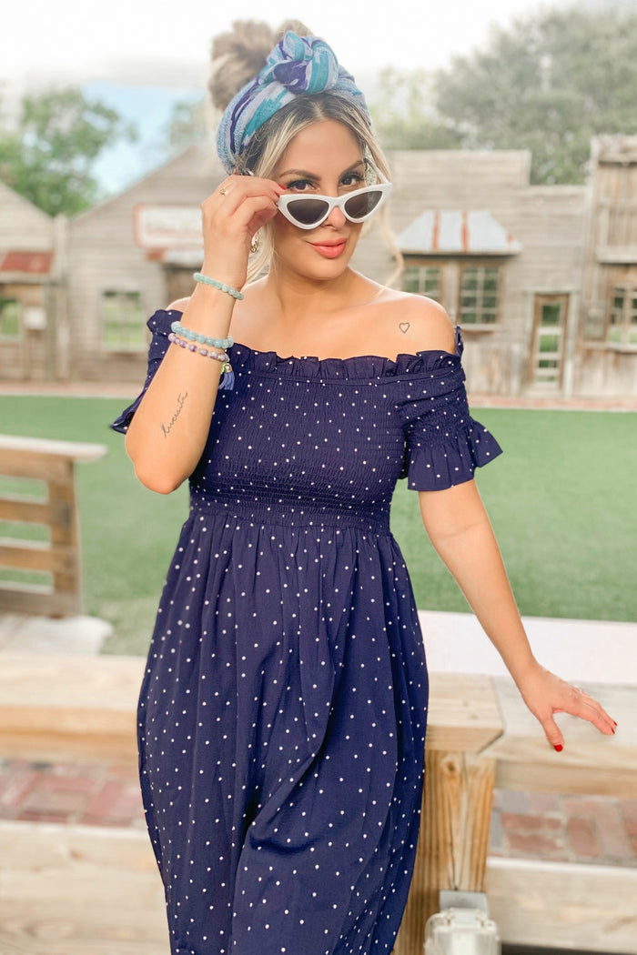 Navy Polka Dot Smocked Dress