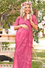 PinkBlush Magenta Lace Mesh Overlay Maternity Maxi Dress