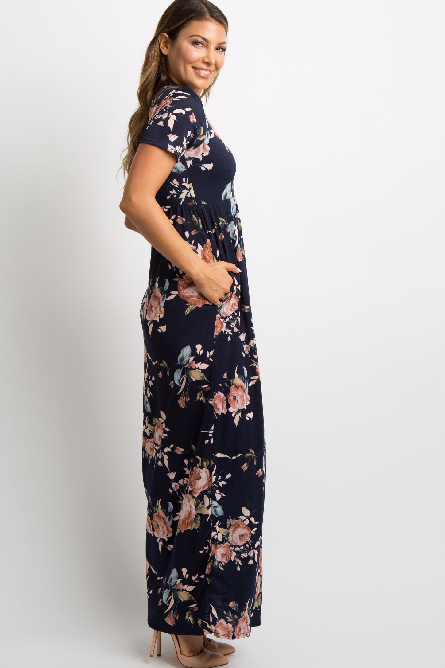 Navy Blue Rose Print Short Sleeve Maxi Dress