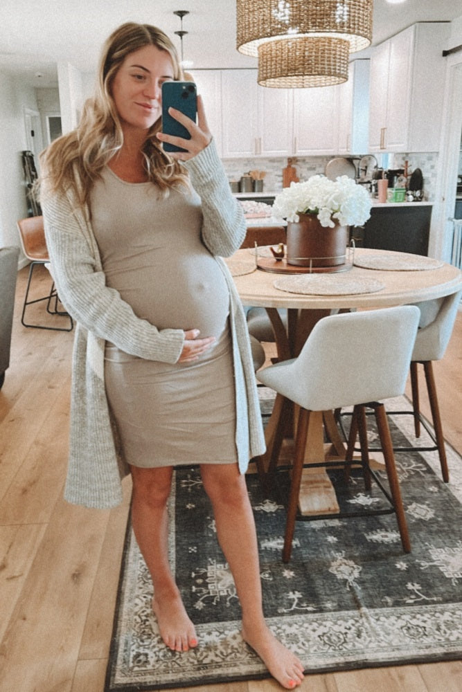 PinkBlush Mocha Ribbed Ruched Sleeveless Maternity Dress