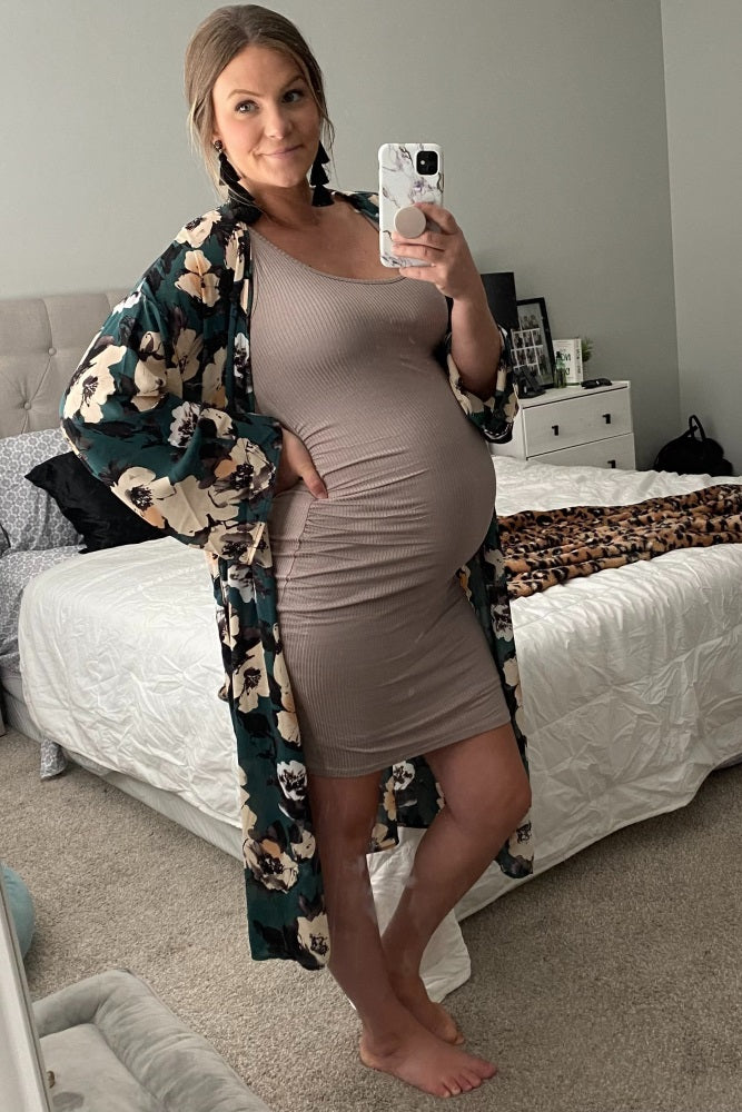 PinkBlush Mocha Ribbed Ruched Sleeveless Maternity Dress