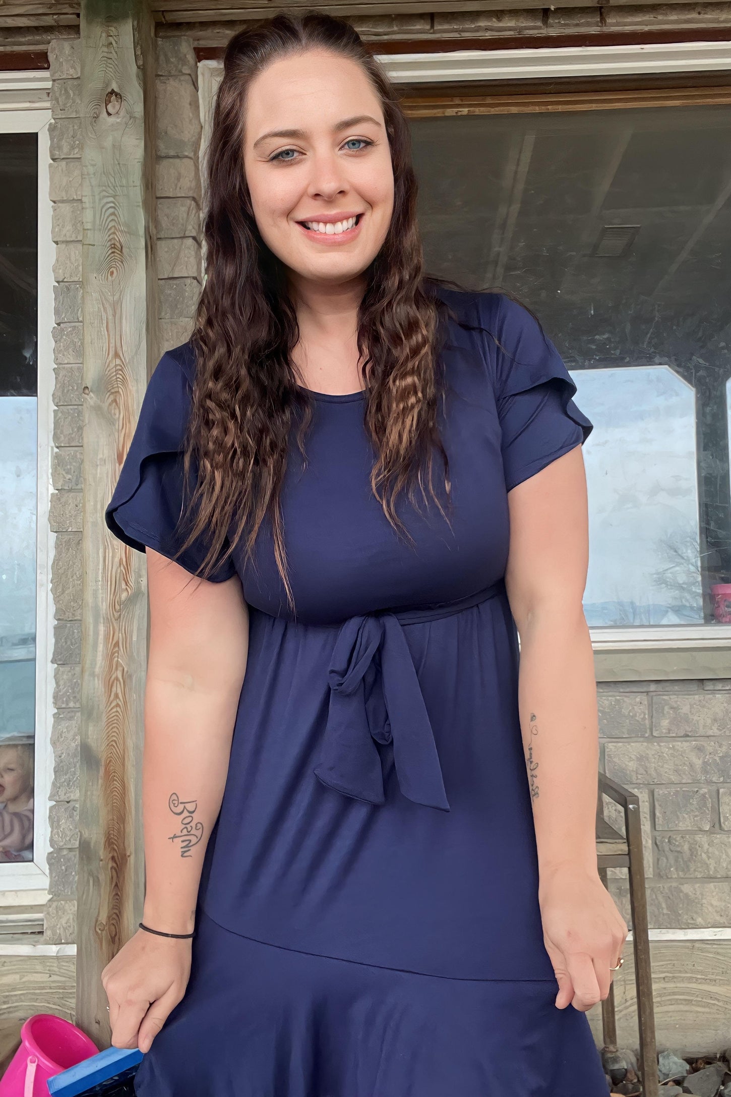 Navy Blue Solid Flounce Trim Dress