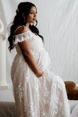 Ivory Floral Embroidered Mesh Maternity Evening Gown