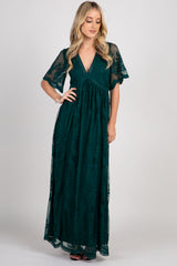 Forest Green Lace Mesh Overlay Maxi Dress