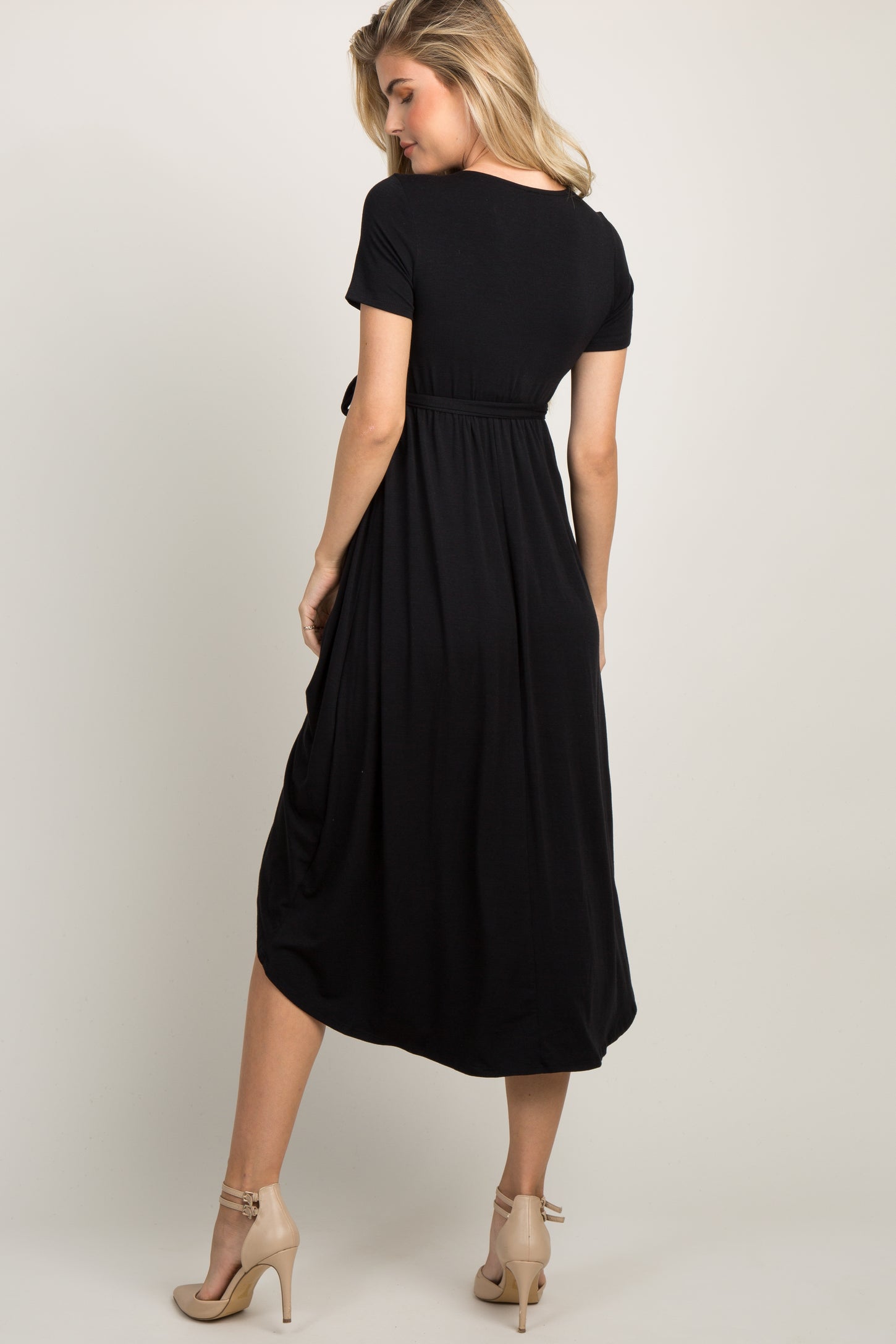 Black Solid Hi-Low Wrap Dress