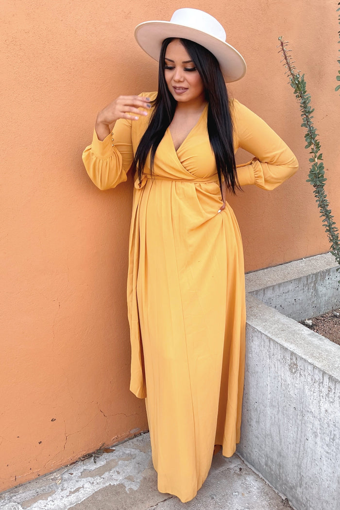 Yellow Chiffon Long Sleeve Pleated Maxi Dress