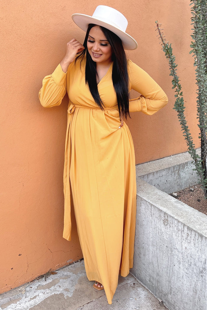 Yellow Chiffon Long Sleeve Pleated Maxi Dress