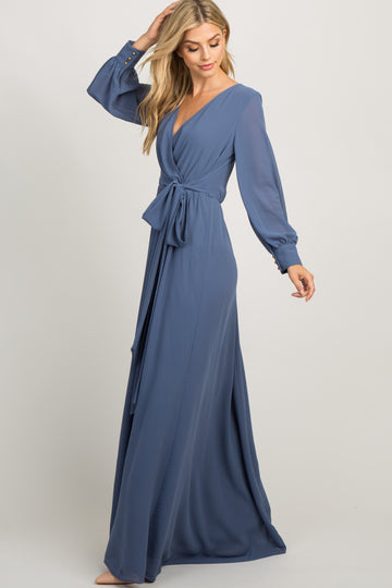 Blue Chiffon Long Sleeve Pleated Maxi Dress
