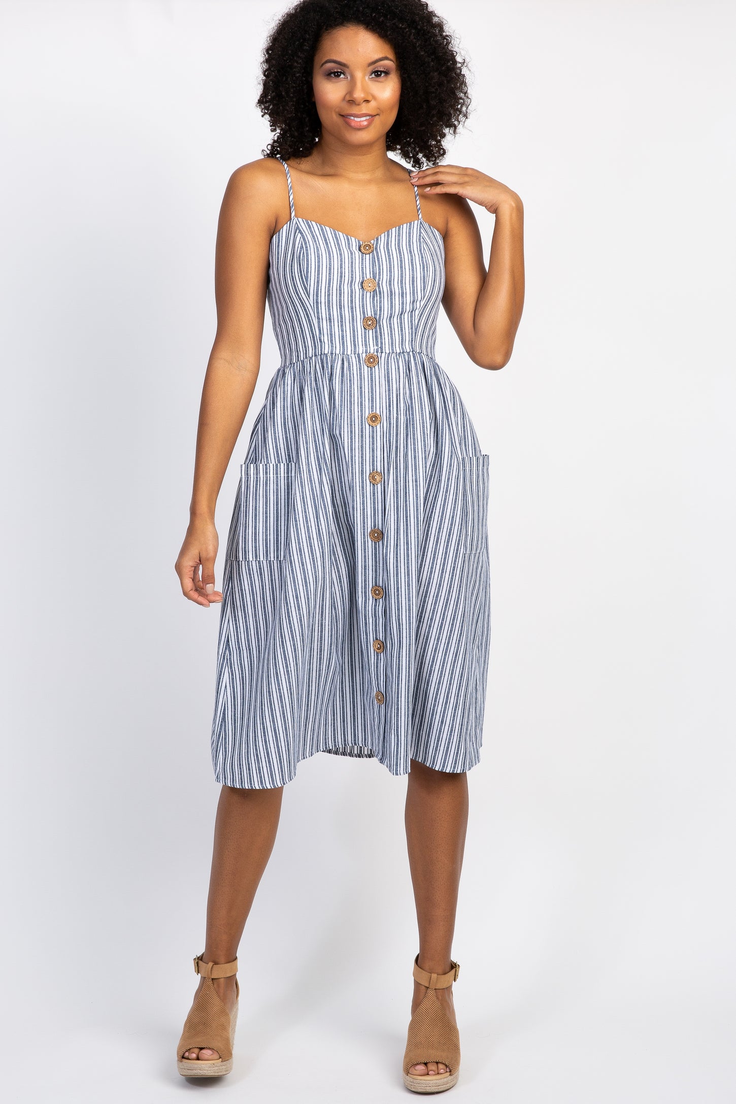 Navy Striped Sweetheart Button Front Dress