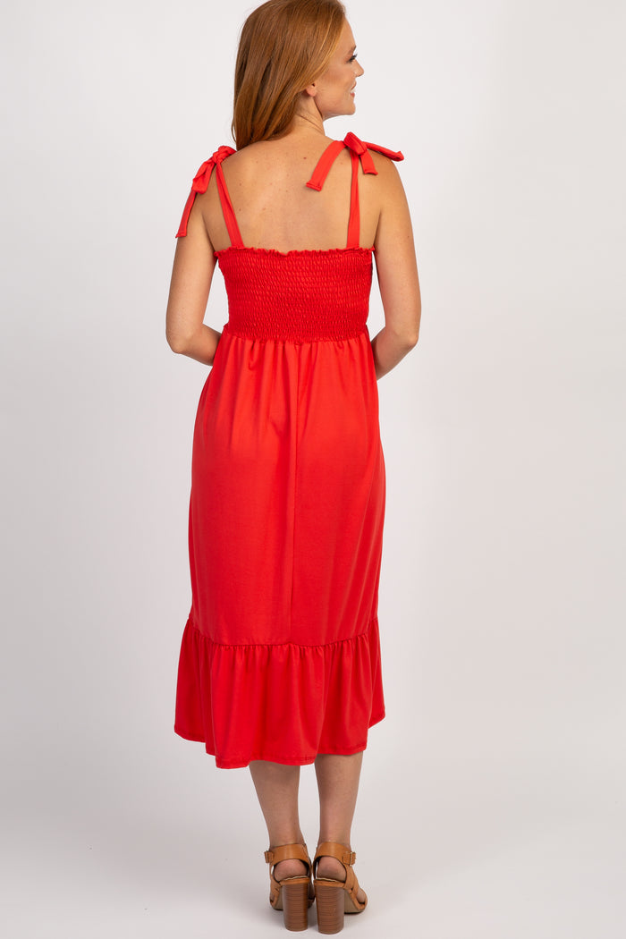 PinkBlush Red Solid Self-Tie Smocked Midi Dress