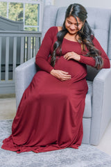 PinkBlush Petite Dark Burgundy Solid Off Shoulder Maternity Maxi Dress