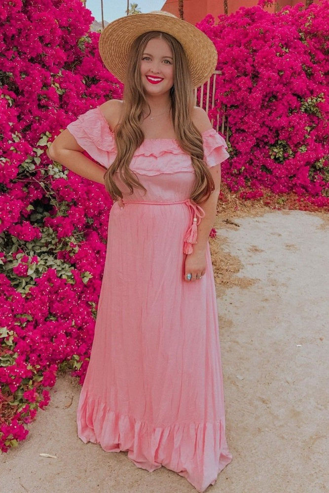 Pink Off Shoulder Tassel Tie Maxi Dress