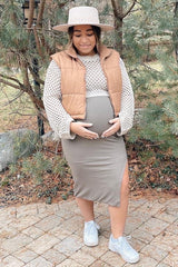 Beige Long Sleeve Ribbed Maternity Top
