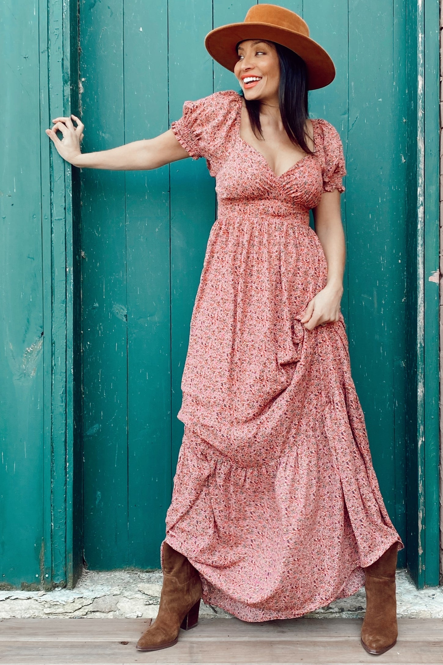 Pink Floral Puff Sleeve Maxi Dress