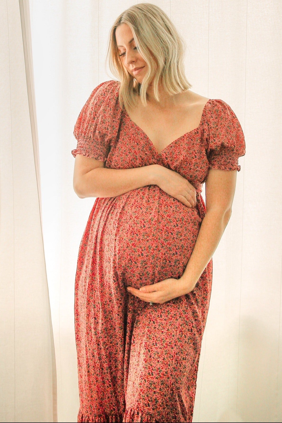 Pink Floral Puff Sleeve Maternity Maxi Dress