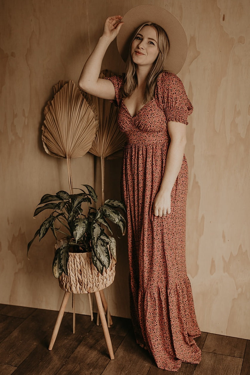 Pink Floral Puff Sleeve Maxi Dress