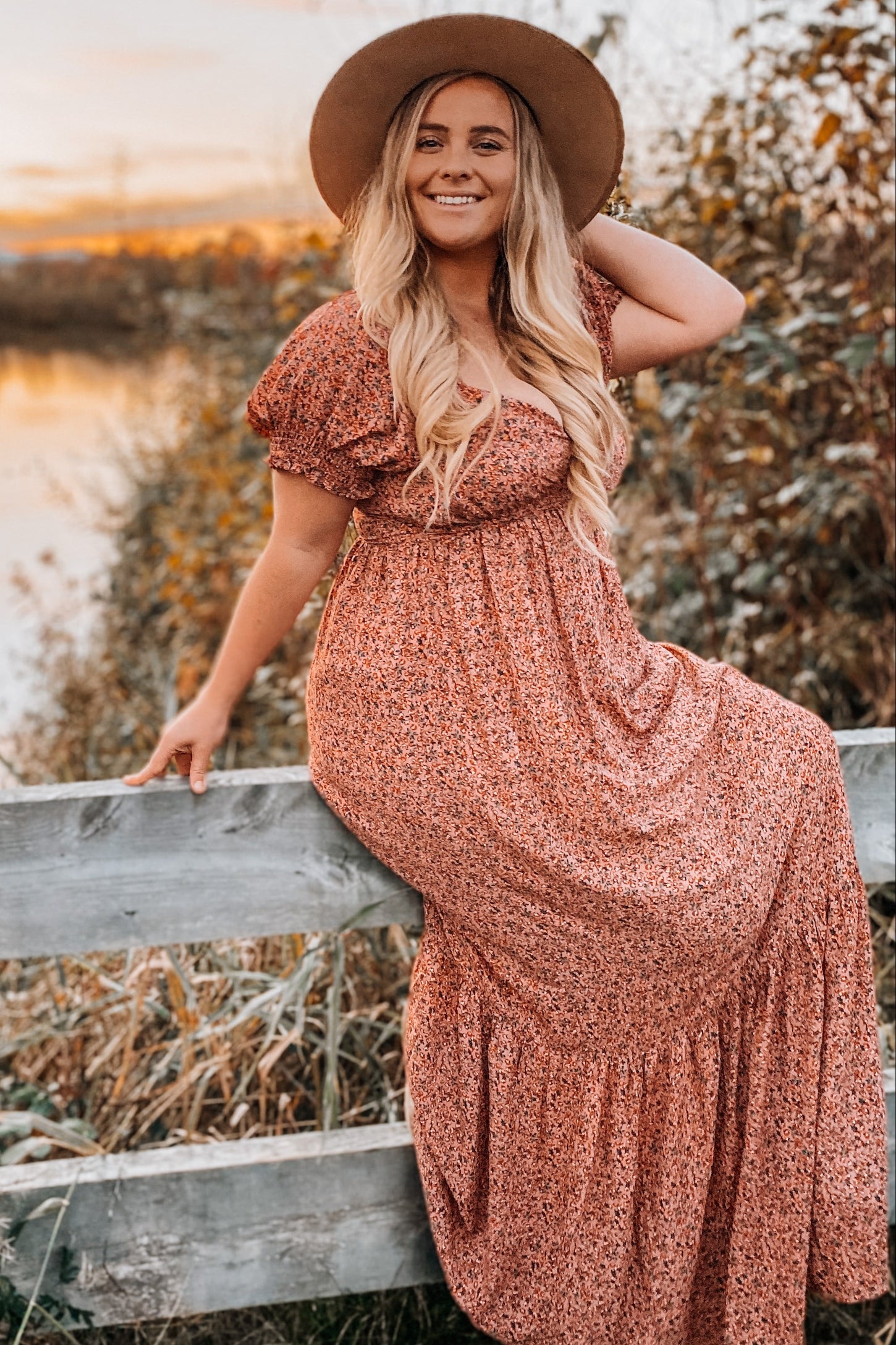 Pink Floral Puff Sleeve Maxi Dress