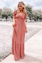 Pink Floral Puff Sleeve Maxi Dress