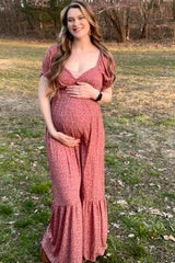 Pink Floral Puff Sleeve Maternity Maxi Dress
