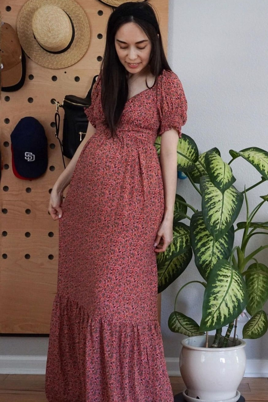 Pink Floral Puff Sleeve Maternity Maxi Dress