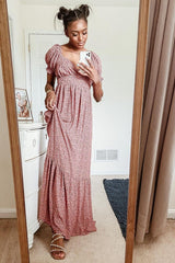Pink Floral Puff Sleeve Maxi Dress