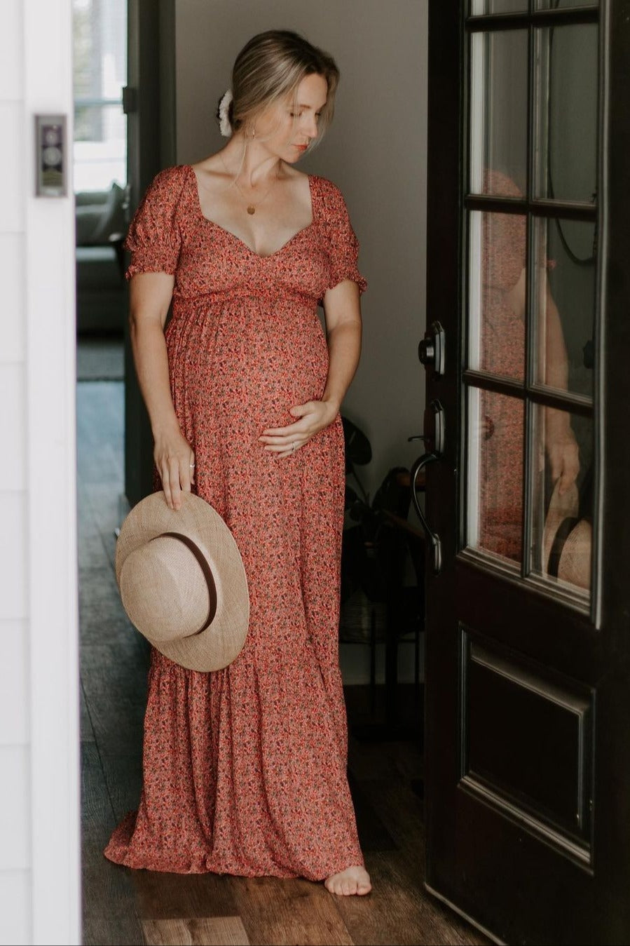 Pink Floral Puff Sleeve Maternity Maxi Dress