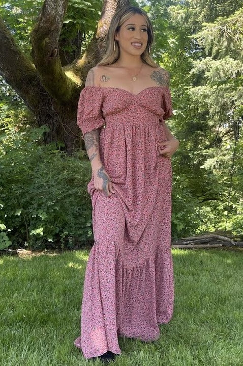Pink Floral Puff Sleeve Maxi Dress