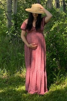 Pink Floral Puff Sleeve Maternity Maxi Dress