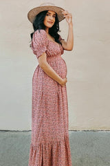Pink Floral Puff Sleeve Maternity Maxi Dress