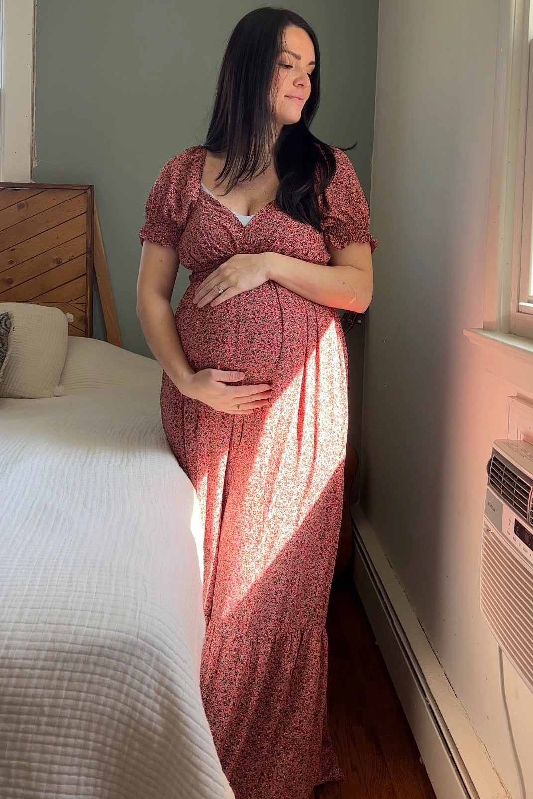 Pink Floral Puff Sleeve Maternity Maxi Dress