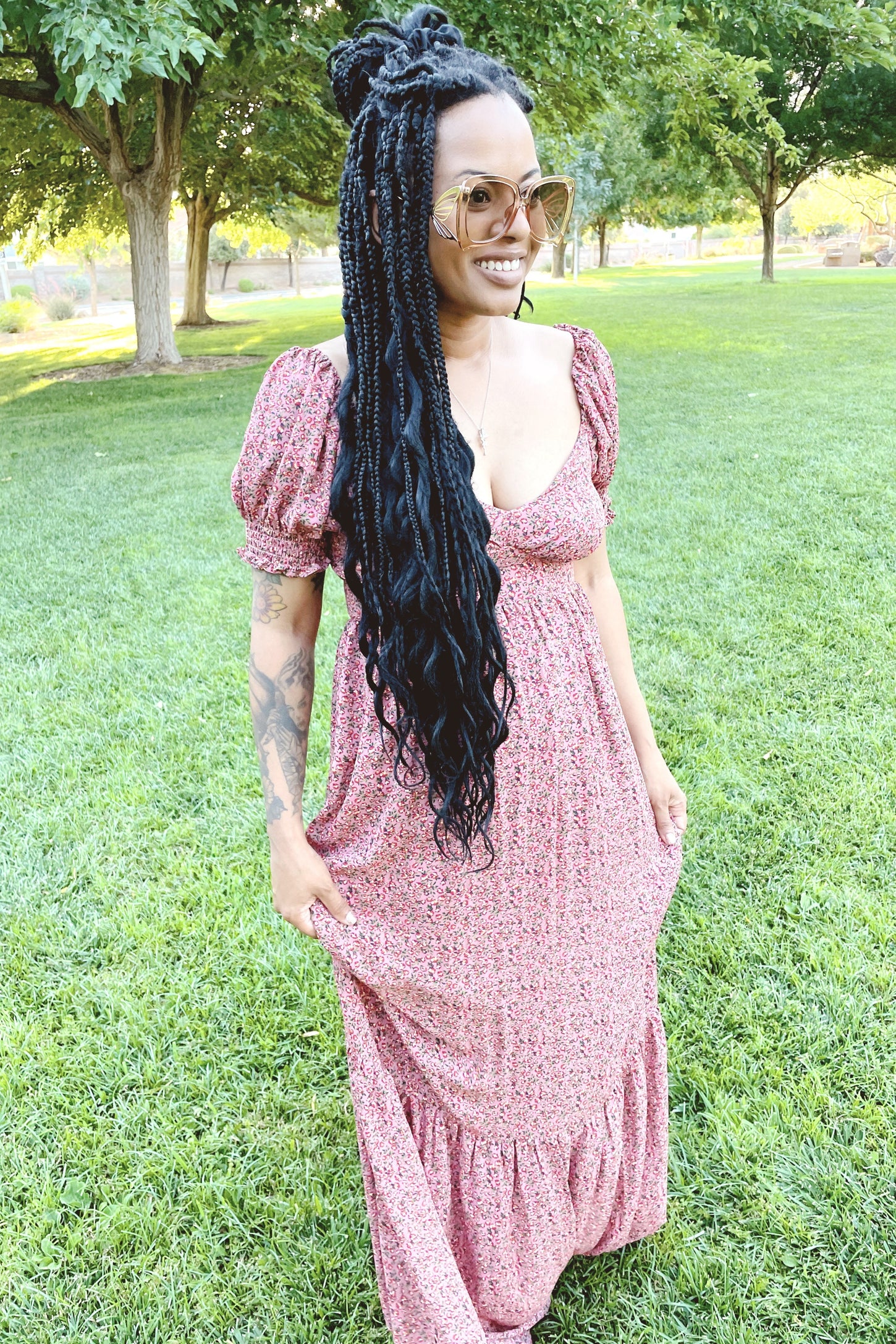 Pink Floral Puff Sleeve Maxi Dress
