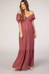Pink Floral Puff Sleeve Maternity Maxi Dress
