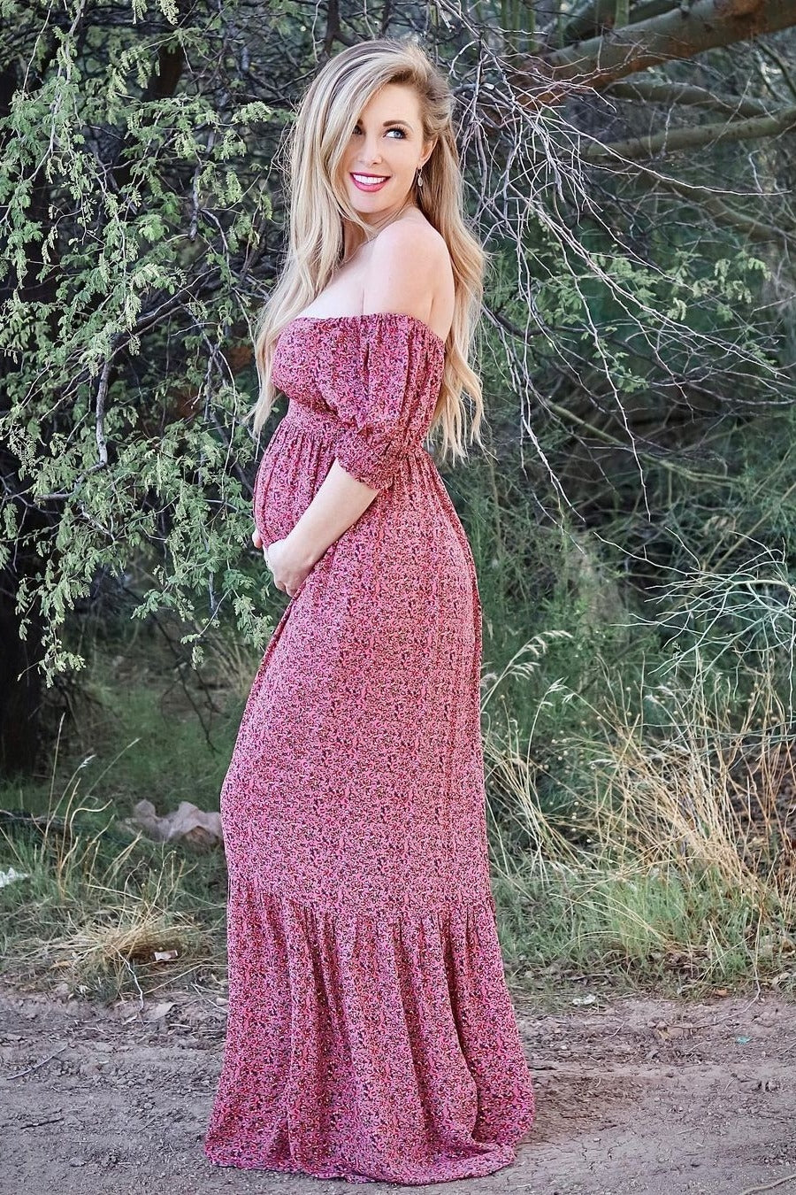 Pink Floral Puff Sleeve Maternity Maxi Dress