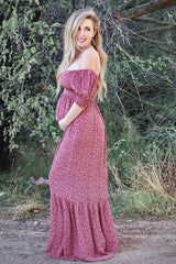 Pink Floral Puff Sleeve Maternity Maxi Dress