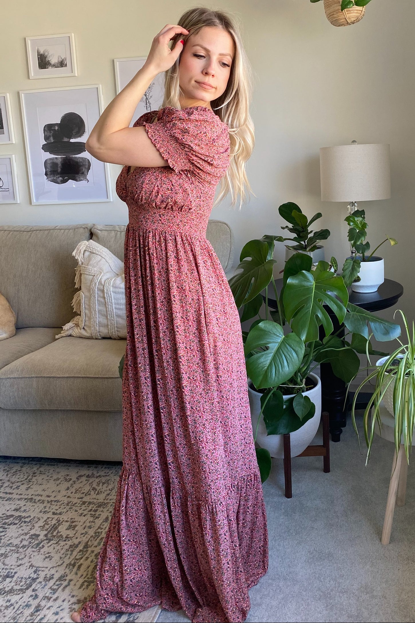 Pink Floral Puff Sleeve Maxi Dress