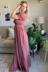 Pink Floral Puff Sleeve Maxi Dress