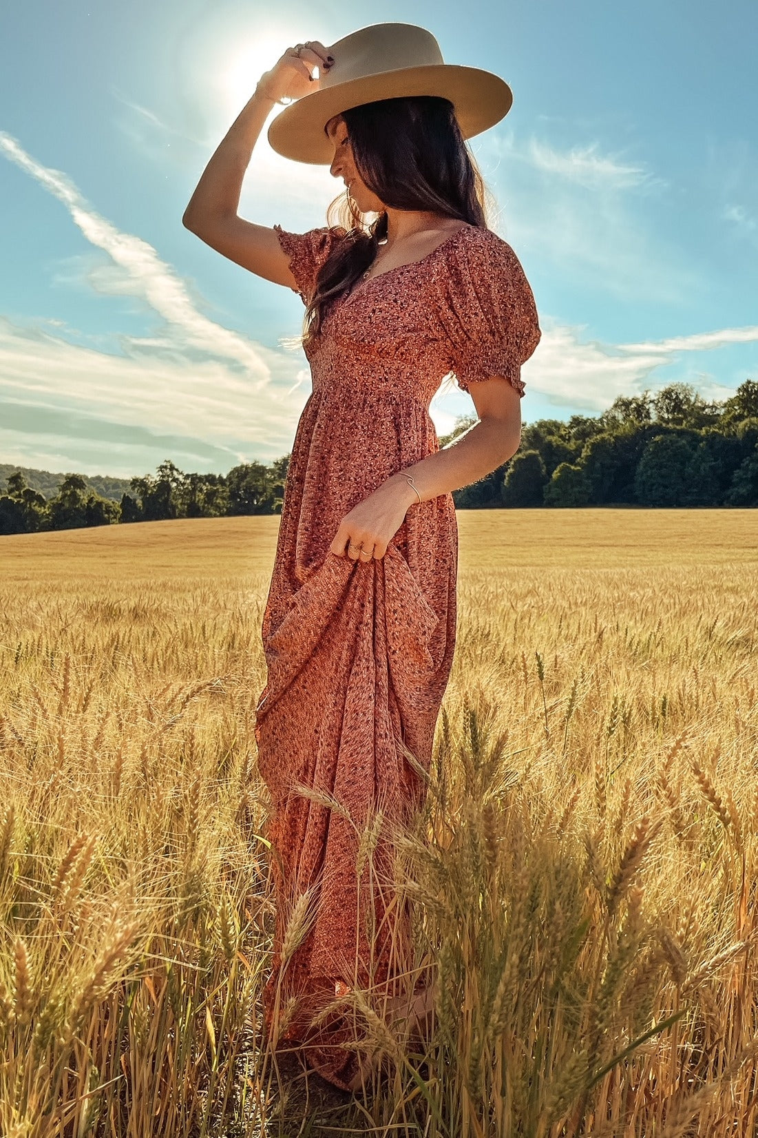 Pink Floral Puff Sleeve Maxi Dress