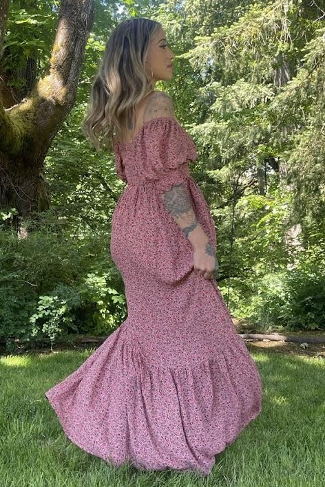 Pink Floral Puff Sleeve Maxi Dress